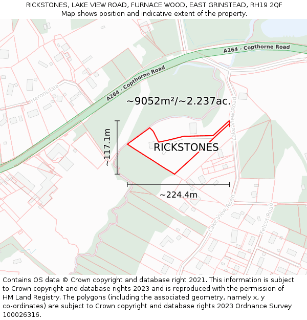 RICKSTONES, LAKE VIEW ROAD, FURNACE WOOD, EAST GRINSTEAD, RH19 2QF: Plot and title map