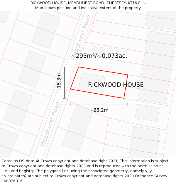 RICKWOOD HOUSE, MEADHURST ROAD, CHERTSEY, KT16 8HU: Plot and title map