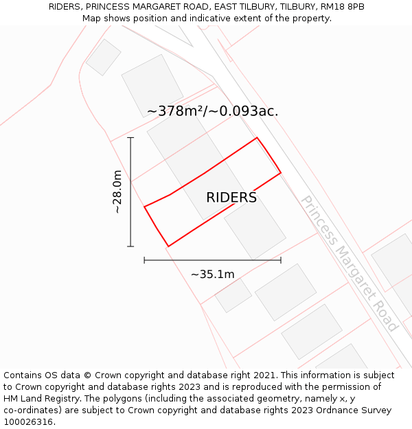 RIDERS, PRINCESS MARGARET ROAD, EAST TILBURY, TILBURY, RM18 8PB: Plot and title map