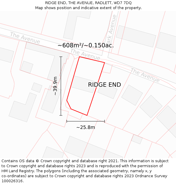 RIDGE END, THE AVENUE, RADLETT, WD7 7DQ: Plot and title map