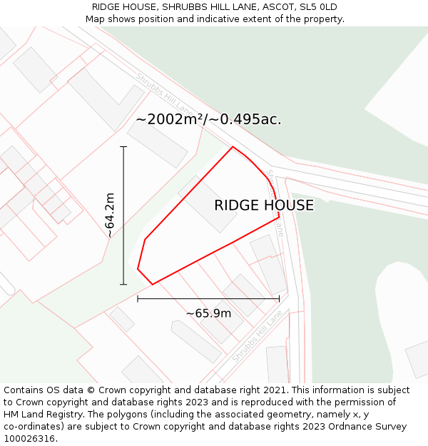 RIDGE HOUSE, SHRUBBS HILL LANE, ASCOT, SL5 0LD: Plot and title map