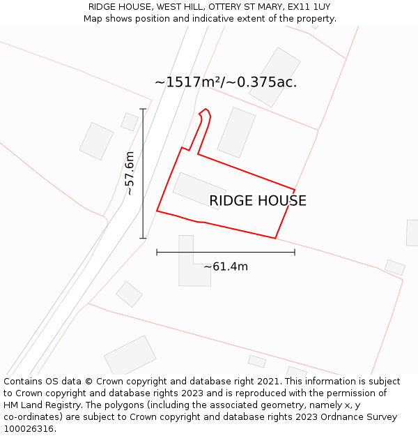 RIDGE HOUSE, WEST HILL, OTTERY ST MARY, EX11 1UY: Plot and title map