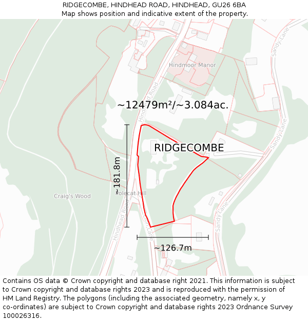 RIDGECOMBE, HINDHEAD ROAD, HINDHEAD, GU26 6BA: Plot and title map