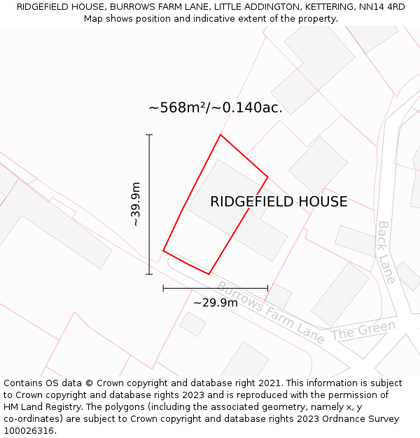 RIDGEFIELD HOUSE, BURROWS FARM LANE, LITTLE ADDINGTON, KETTERING, NN14 4RD: Plot and title map