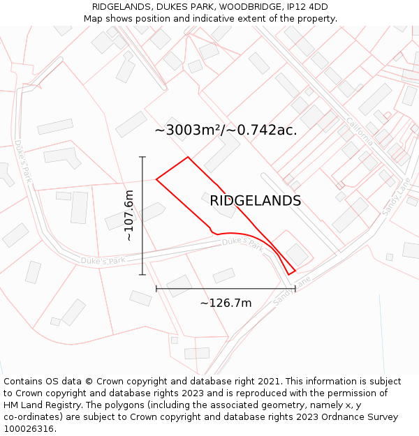 RIDGELANDS, DUKES PARK, WOODBRIDGE, IP12 4DD: Plot and title map
