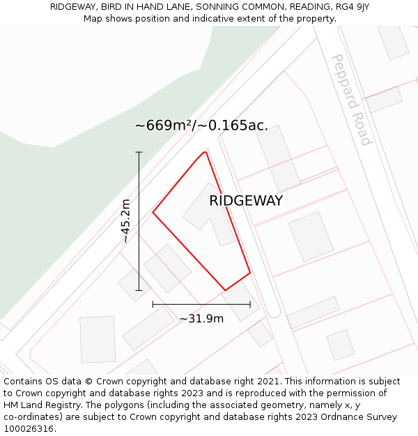 RIDGEWAY, BIRD IN HAND LANE, SONNING COMMON, READING, RG4 9JY: Plot and title map