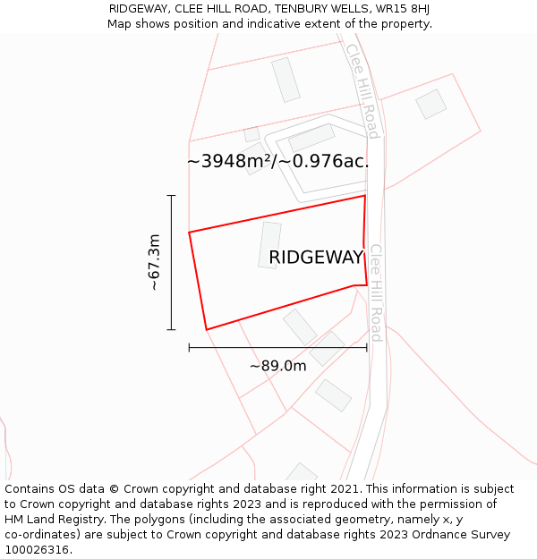 RIDGEWAY, CLEE HILL ROAD, TENBURY WELLS, WR15 8HJ: Plot and title map
