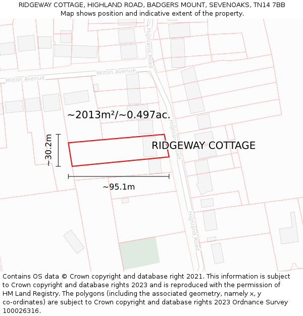 RIDGEWAY COTTAGE, HIGHLAND ROAD, BADGERS MOUNT, SEVENOAKS, TN14 7BB: Plot and title map