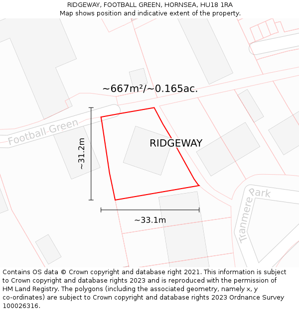 RIDGEWAY, FOOTBALL GREEN, HORNSEA, HU18 1RA: Plot and title map