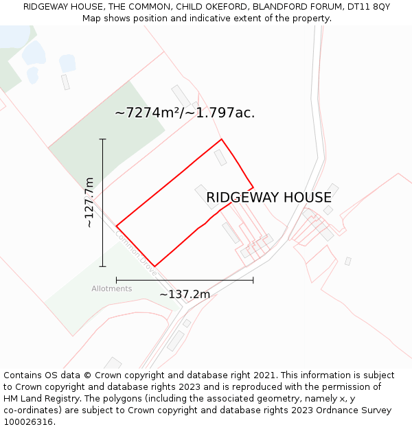 RIDGEWAY HOUSE, THE COMMON, CHILD OKEFORD, BLANDFORD FORUM, DT11 8QY: Plot and title map