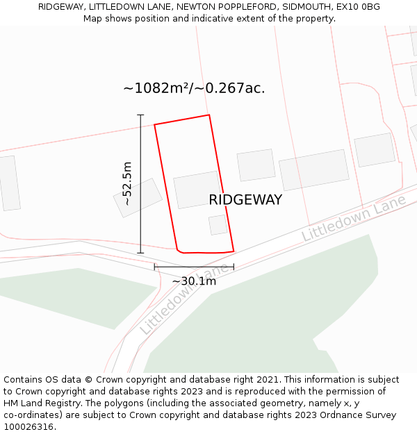 RIDGEWAY, LITTLEDOWN LANE, NEWTON POPPLEFORD, SIDMOUTH, EX10 0BG: Plot and title map