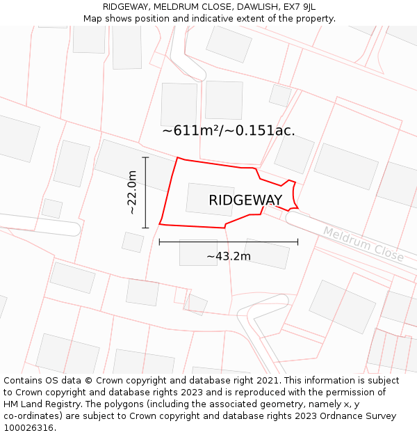 RIDGEWAY, MELDRUM CLOSE, DAWLISH, EX7 9JL: Plot and title map