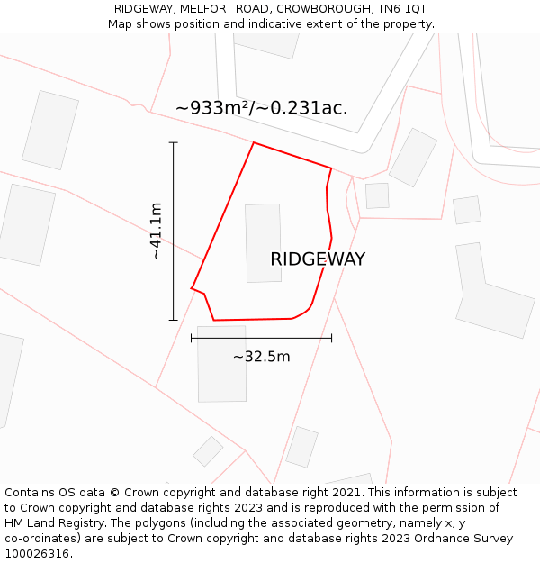 RIDGEWAY, MELFORT ROAD, CROWBOROUGH, TN6 1QT: Plot and title map