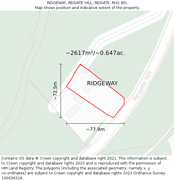 RIDGEWAY, REIGATE HILL, REIGATE, RH2 9PL: Plot and title map