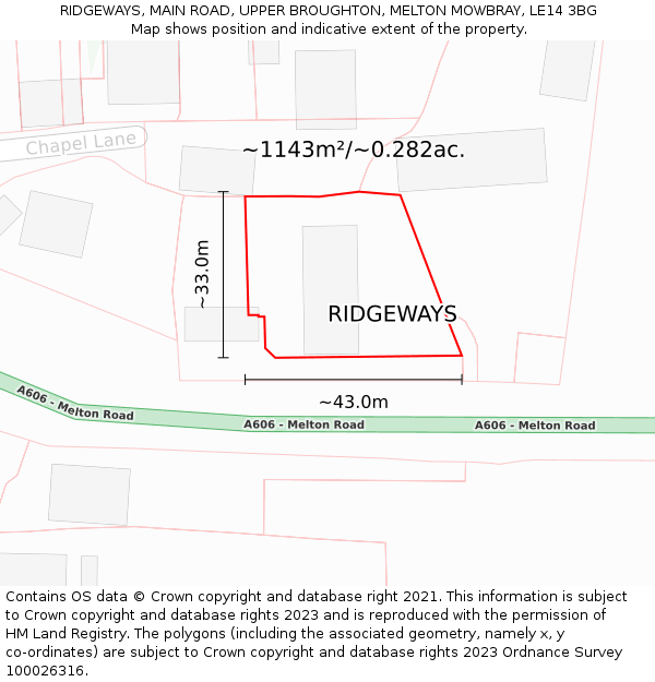 RIDGEWAYS, MAIN ROAD, UPPER BROUGHTON, MELTON MOWBRAY, LE14 3BG: Plot and title map