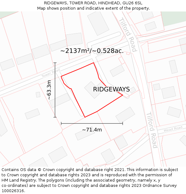 RIDGEWAYS, TOWER ROAD, HINDHEAD, GU26 6SL: Plot and title map