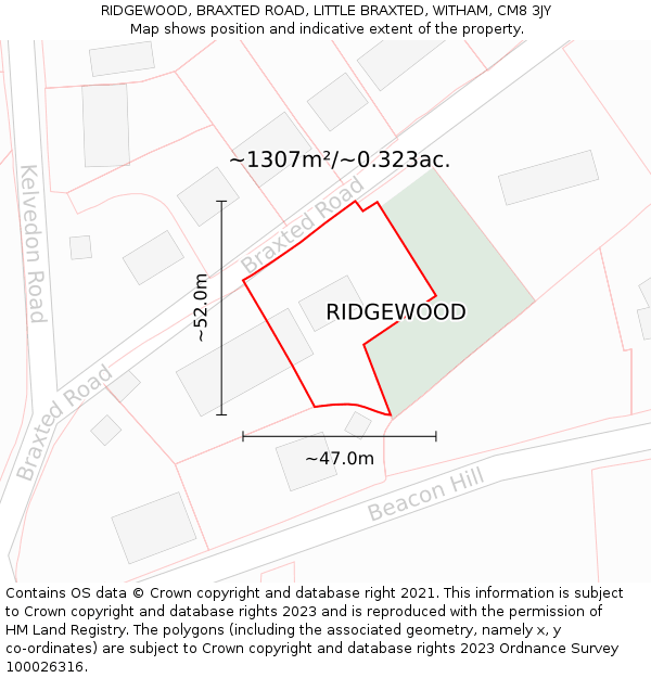 RIDGEWOOD, BRAXTED ROAD, LITTLE BRAXTED, WITHAM, CM8 3JY: Plot and title map