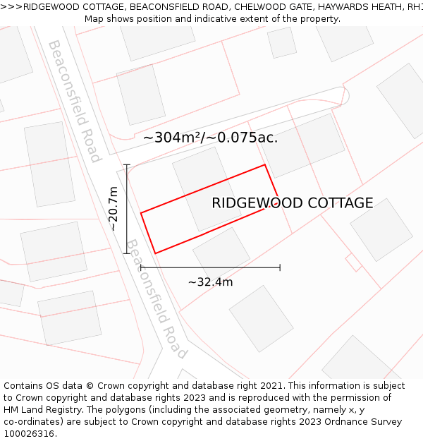 RIDGEWOOD COTTAGE, BEACONSFIELD ROAD, CHELWOOD GATE, HAYWARDS HEATH, RH17 7JU: Plot and title map