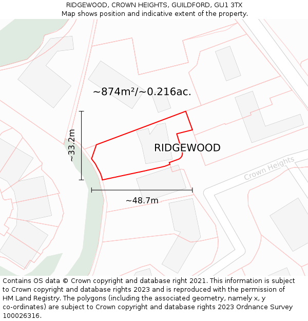 RIDGEWOOD, CROWN HEIGHTS, GUILDFORD, GU1 3TX: Plot and title map