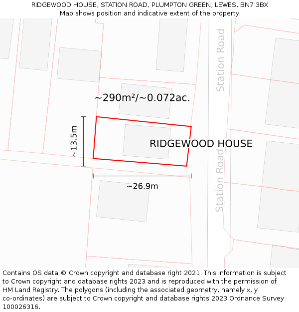 RIDGEWOOD HOUSE, STATION ROAD, PLUMPTON GREEN, LEWES, BN7 3BX: Plot and title map