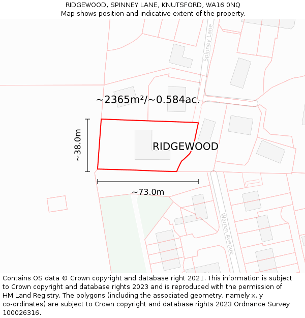 RIDGEWOOD, SPINNEY LANE, KNUTSFORD, WA16 0NQ: Plot and title map