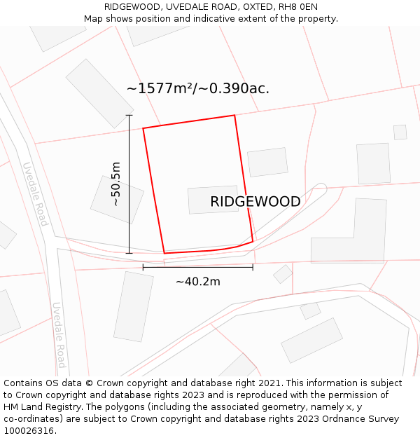 RIDGEWOOD, UVEDALE ROAD, OXTED, RH8 0EN: Plot and title map