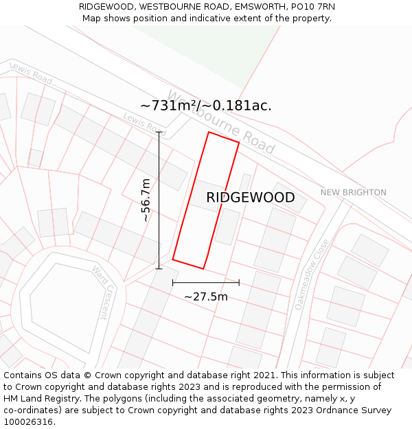 RIDGEWOOD, WESTBOURNE ROAD, EMSWORTH, PO10 7RN: Plot and title map