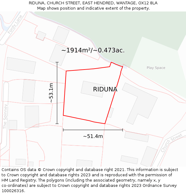 RIDUNA, CHURCH STREET, EAST HENDRED, WANTAGE, OX12 8LA: Plot and title map