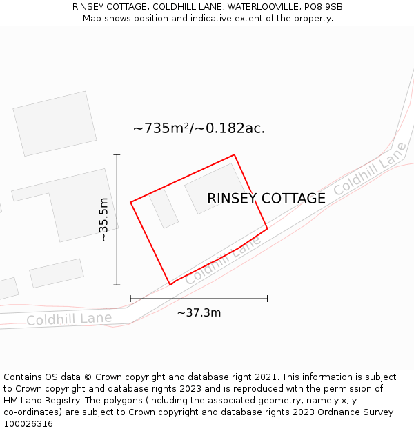 RINSEY COTTAGE, COLDHILL LANE, WATERLOOVILLE, PO8 9SB: Plot and title map