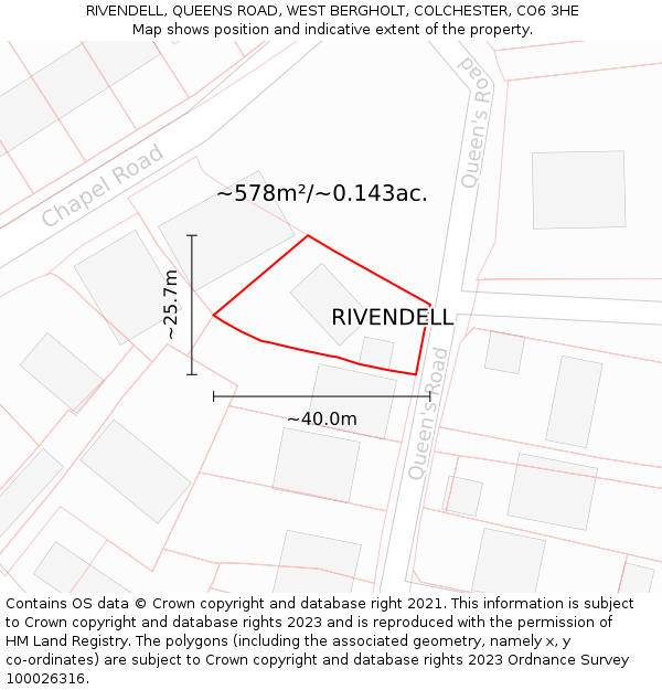 RIVENDELL, QUEENS ROAD, WEST BERGHOLT, COLCHESTER, CO6 3HE: Plot and title map