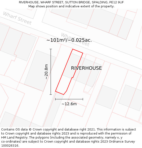 RIVERHOUSE, WHARF STREET, SUTTON BRIDGE, SPALDING, PE12 9UF: Plot and title map