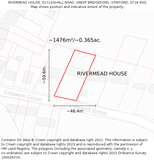 RIVERMEAD HOUSE, ECCLESHALL ROAD, GREAT BRIDGEFORD, STAFFORD, ST18 9SQ: Plot and title map