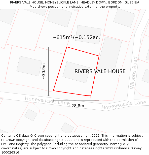 RIVERS VALE HOUSE, HONEYSUCKLE LANE, HEADLEY DOWN, BORDON, GU35 8JA: Plot and title map