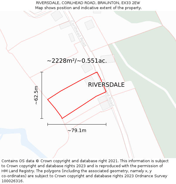 RIVERSDALE, CORILHEAD ROAD, BRAUNTON, EX33 2EW: Plot and title map