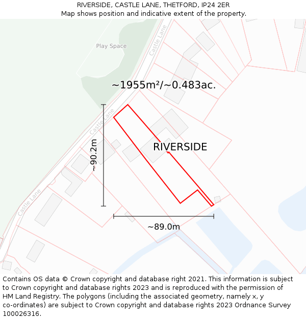 RIVERSIDE, CASTLE LANE, THETFORD, IP24 2ER: Plot and title map