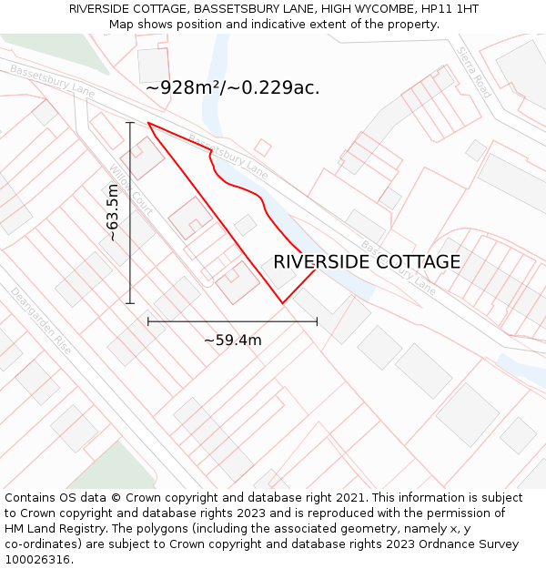 RIVERSIDE COTTAGE, BASSETSBURY LANE, HIGH WYCOMBE, HP11 1HT: Plot and title map