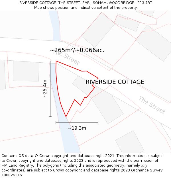 RIVERSIDE COTTAGE, THE STREET, EARL SOHAM, WOODBRIDGE, IP13 7RT: Plot and title map