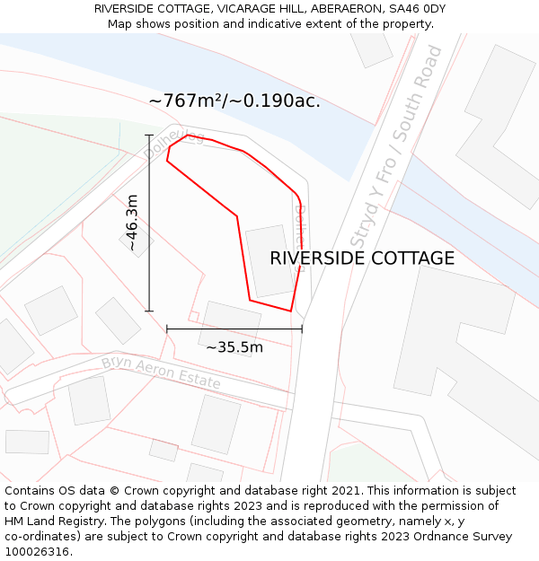 RIVERSIDE COTTAGE, VICARAGE HILL, ABERAERON, SA46 0DY: Plot and title map