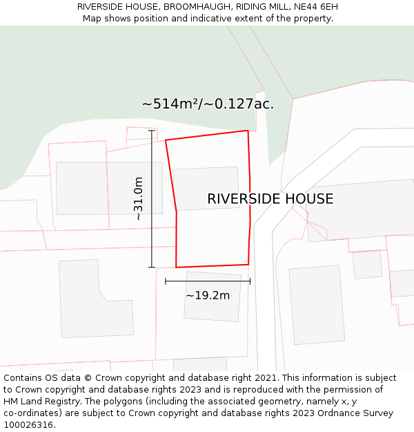 RIVERSIDE HOUSE, BROOMHAUGH, RIDING MILL, NE44 6EH: Plot and title map