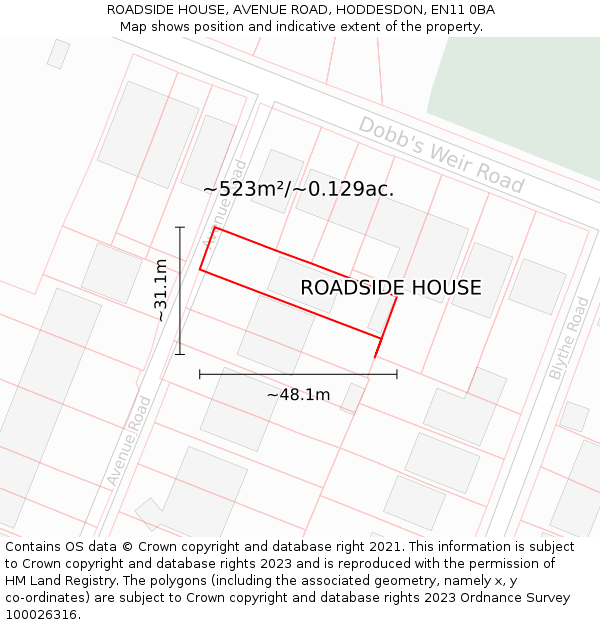 ROADSIDE HOUSE, AVENUE ROAD, HODDESDON, EN11 0BA: Plot and title map