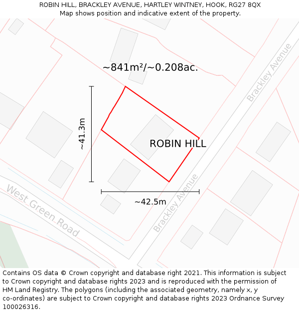 ROBIN HILL, BRACKLEY AVENUE, HARTLEY WINTNEY, HOOK, RG27 8QX: Plot and title map