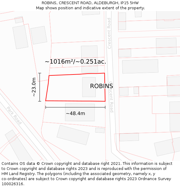 ROBINS, CRESCENT ROAD, ALDEBURGH, IP15 5HW: Plot and title map