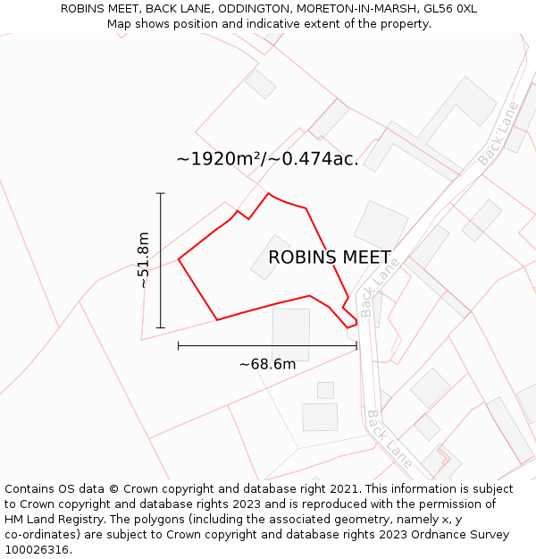 ROBINS MEET, BACK LANE, ODDINGTON, MORETON-IN-MARSH, GL56 0XL: Plot and title map