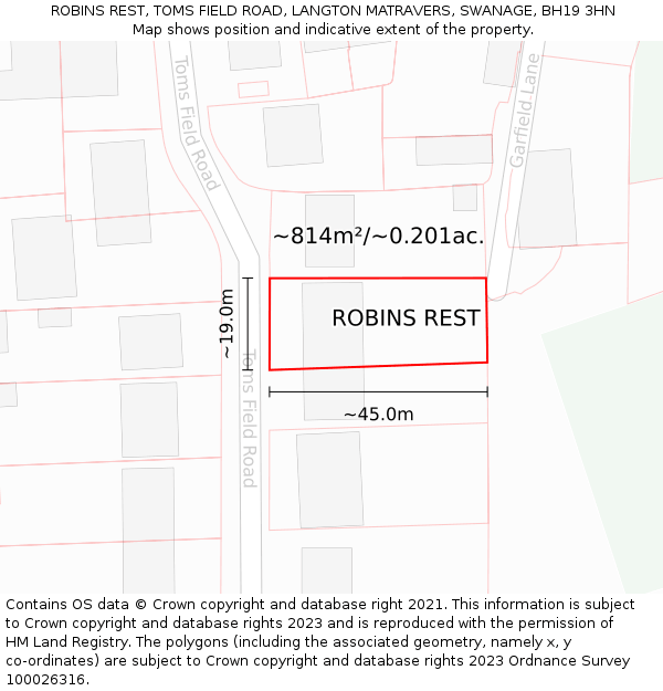 ROBINS REST, TOMS FIELD ROAD, LANGTON MATRAVERS, SWANAGE, BH19 3HN: Plot and title map