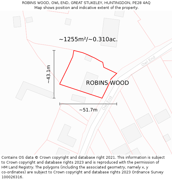 ROBINS WOOD, OWL END, GREAT STUKELEY, HUNTINGDON, PE28 4AQ: Plot and title map