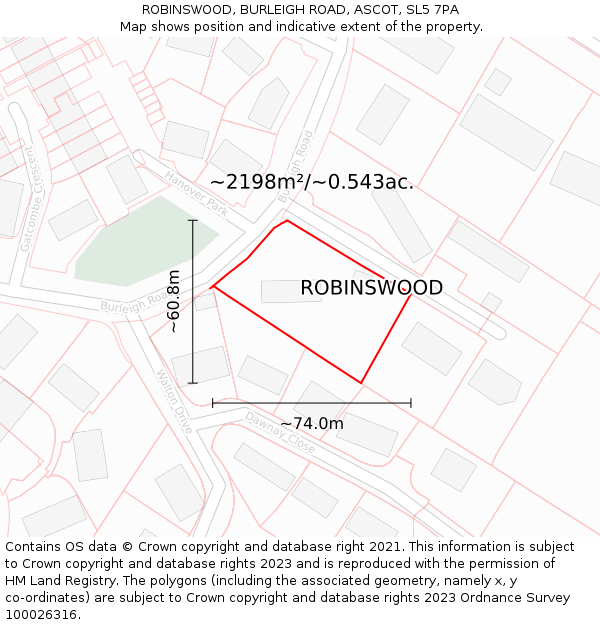 ROBINSWOOD, BURLEIGH ROAD, ASCOT, SL5 7PA: Plot and title map