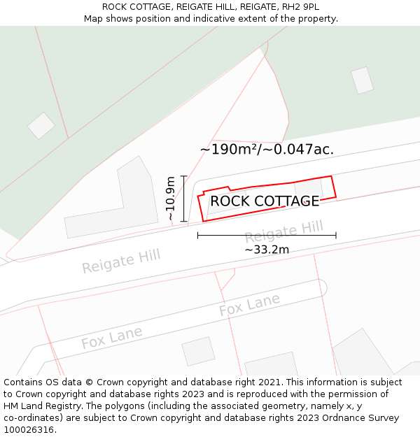 ROCK COTTAGE, REIGATE HILL, REIGATE, RH2 9PL: Plot and title map