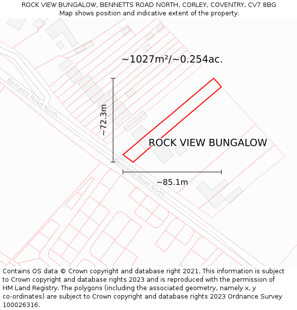 ROCK VIEW BUNGALOW, BENNETTS ROAD NORTH, CORLEY, COVENTRY, CV7 8BG: Plot and title map