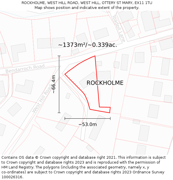 ROCKHOLME, WEST HILL ROAD, WEST HILL, OTTERY ST MARY, EX11 1TU: Plot and title map