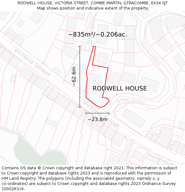 RODWELL HOUSE, VICTORIA STREET, COMBE MARTIN, ILFRACOMBE, EX34 0JT: Plot and title map